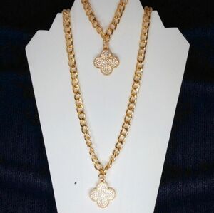 Gold Necklace Bracelet Set Clover Pendant Ice Iced Out Bling Modern Retro Glam